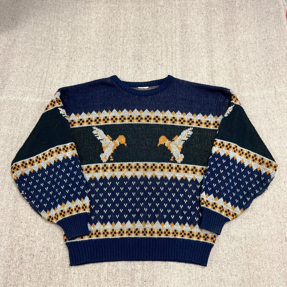 Vintage Bird Sweater Mens XL Blue 1980s Striped Geometric Outdoors USA‎ Classic